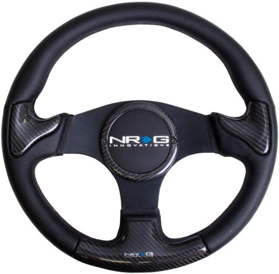 NRG Innovations NRG-ST-014CFBK Carbon Fiber Steering Wheel 350mm, Black Frame Black Stitching with Rubber Cover Horn Button