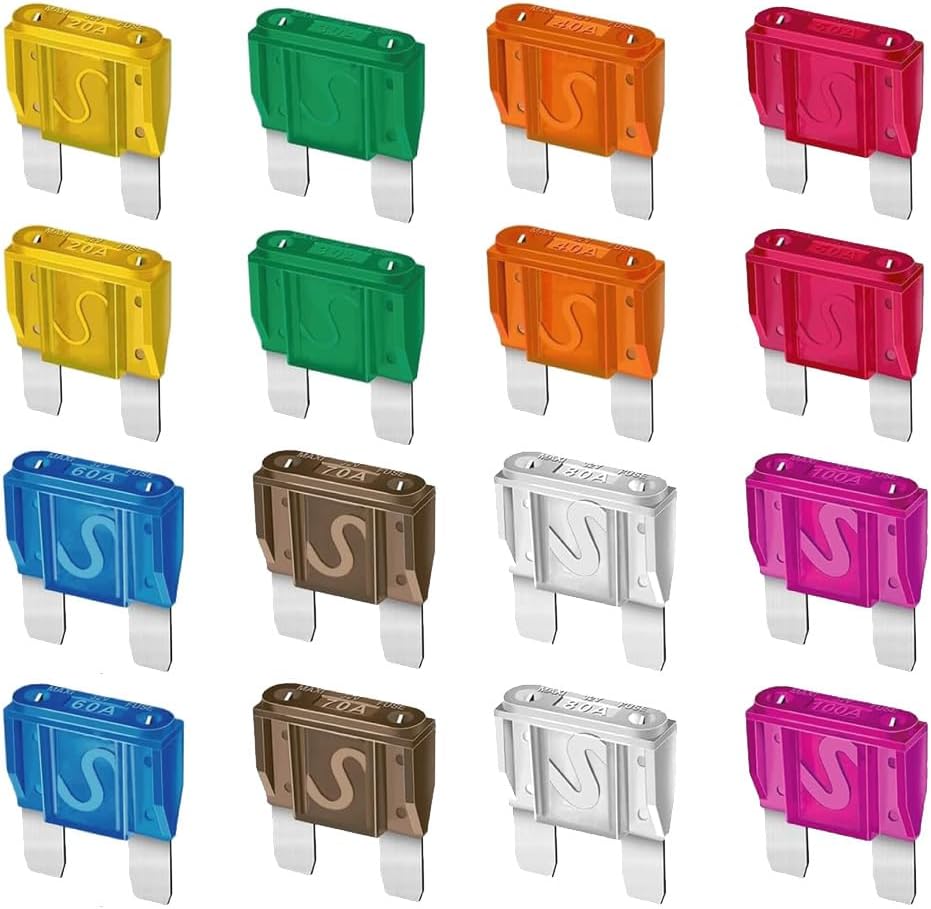 16Pcs Blade Fuses Maxi APX Replacement Fuses 20A, 30A, 40A, 50A, 60A, 70A, 80A, 100A for Cars Trucks RVs Boats Automotives Vehicle Campers SUV