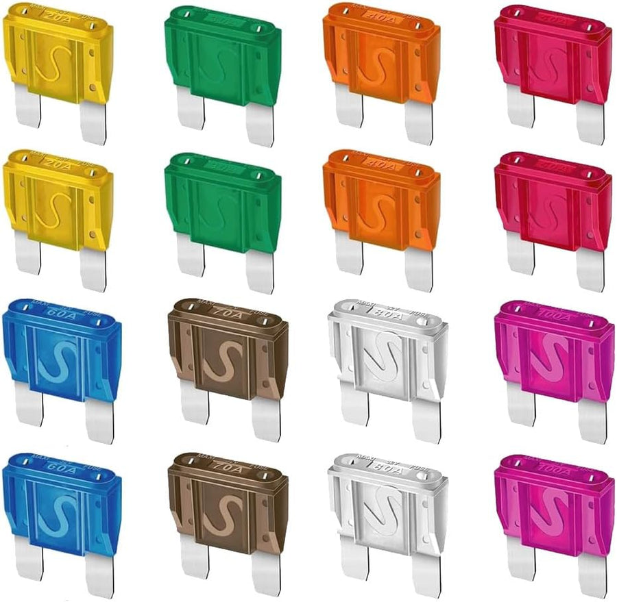 16Pcs Blade Fuses Maxi APX Replacement Fuses 20A, 30A, 40A, 50A, 60A, 70A, 80A, 100A for Cars Trucks RVs Boats Automotives Vehicle Campers SUV