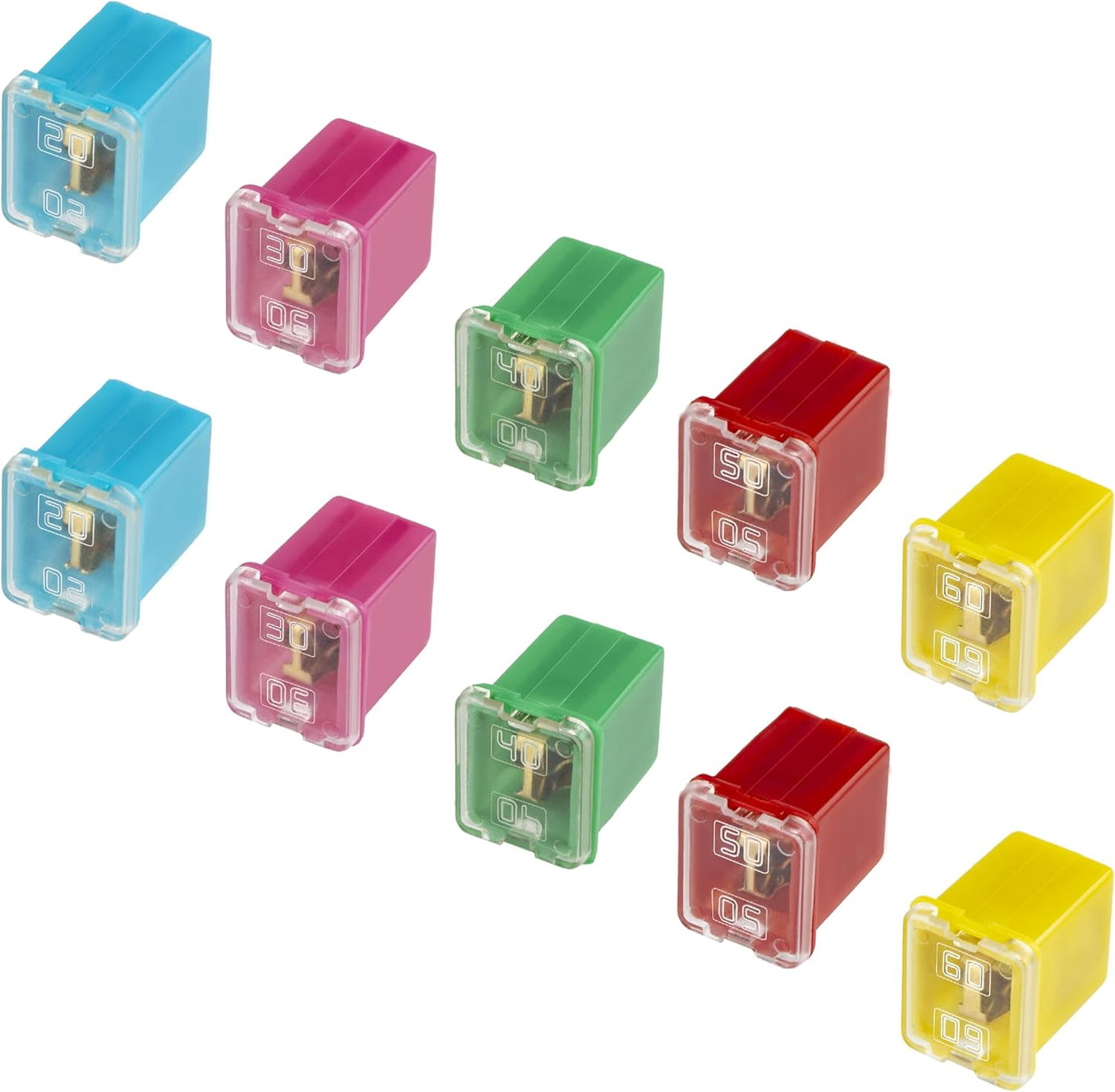 10 PCS Versatile Automotive Fuse Assortment Low Profile Box Shaped Micro Cartridge Fuses Kit for Pickup Trucks Cars and SUVs (20 A/30 A/40 A/50 A/60 A, 2 PCS Each)