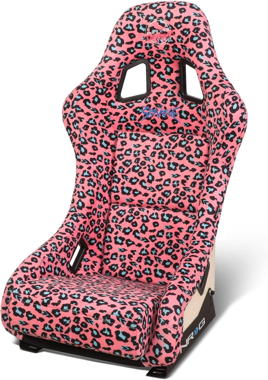 NRG Innovations FRP-303-PK-SAVAGE Prisma Fixed Back Bucket Racing Seat with Bottom Mount Bracket,Pink Savage Cheetah/White Pearl Back