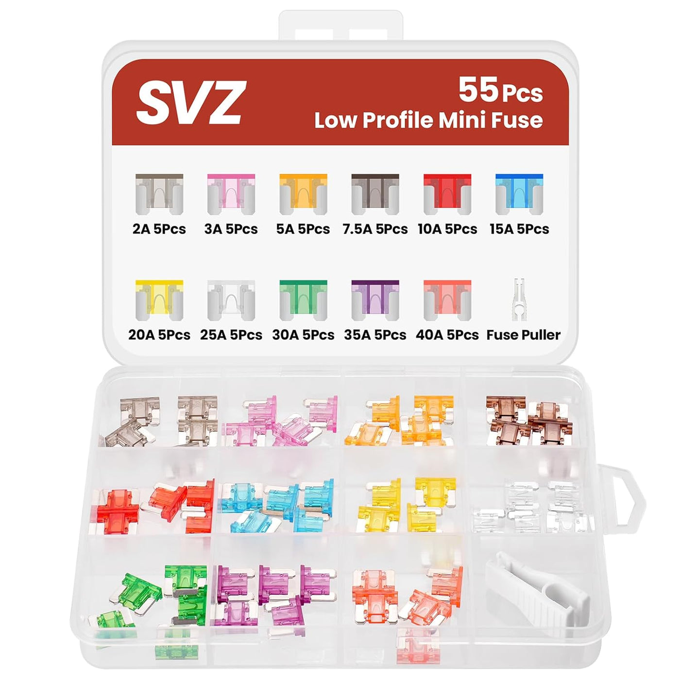 55Pcs Low Profile Mini Fuse Kit, Automotive Fuses Assortment kit(1A/2A/3A/5A/7.5A/10A/15A/20A/25A/30A/35A/40A), Blade Fuse for Car/RV/Truck/Boat/Marine