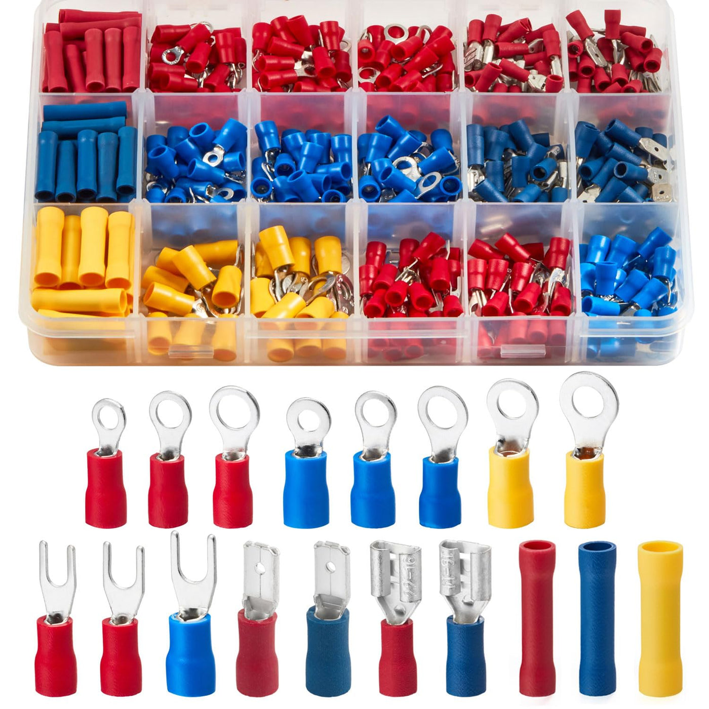 200pcs Insulated Crimp Wire Connector Terminal Assortment Contains Ring, Butt Splice, Spade Male & Female, Fork 22-16, 16-14, 12-10 GA Solderless Assorted Kit Electrical Crimping Tools