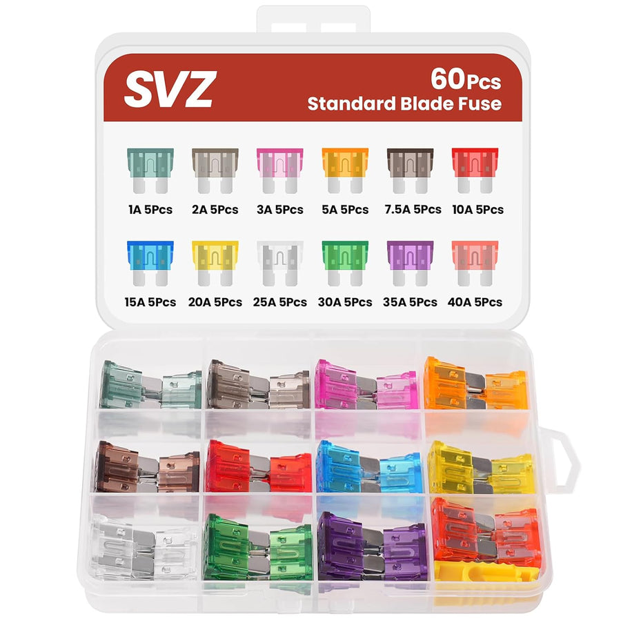 60Pcs Standard Car Fuse Kit, Automotive Fuses Assortment kit(1A/2A/3A/5A/7.5A/10A/15A/20A/25A/30A/35A/40A), Blade Fuse for Car/RV/Truck/Boat/Marine