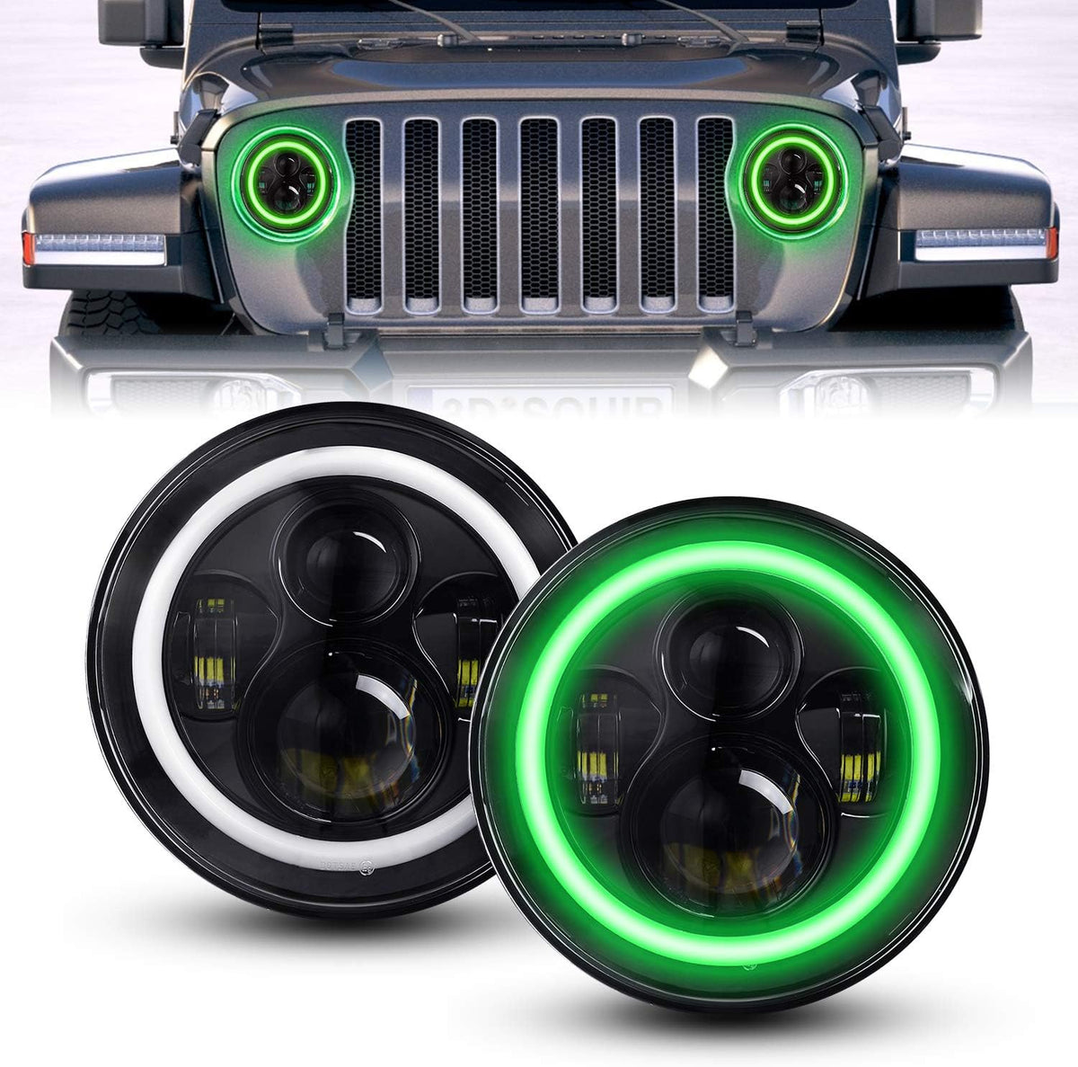 7 Inch LED Headlights with Green Halo Amber Turn Signal Lights LED Headlight High/Low Beam Compatible with Wrangler JK LJ CJ TJ 1997-2018