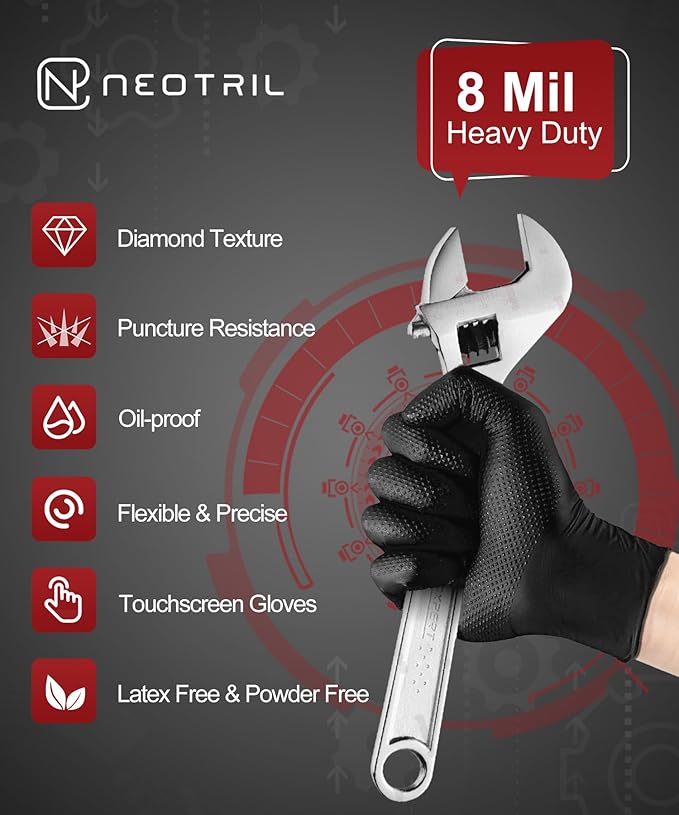 8 Mil Heavy Duty Disposable Nitrile Gloves with Diamond Texture Grip Rubber Gloves Latex & Powder Free 3 pair