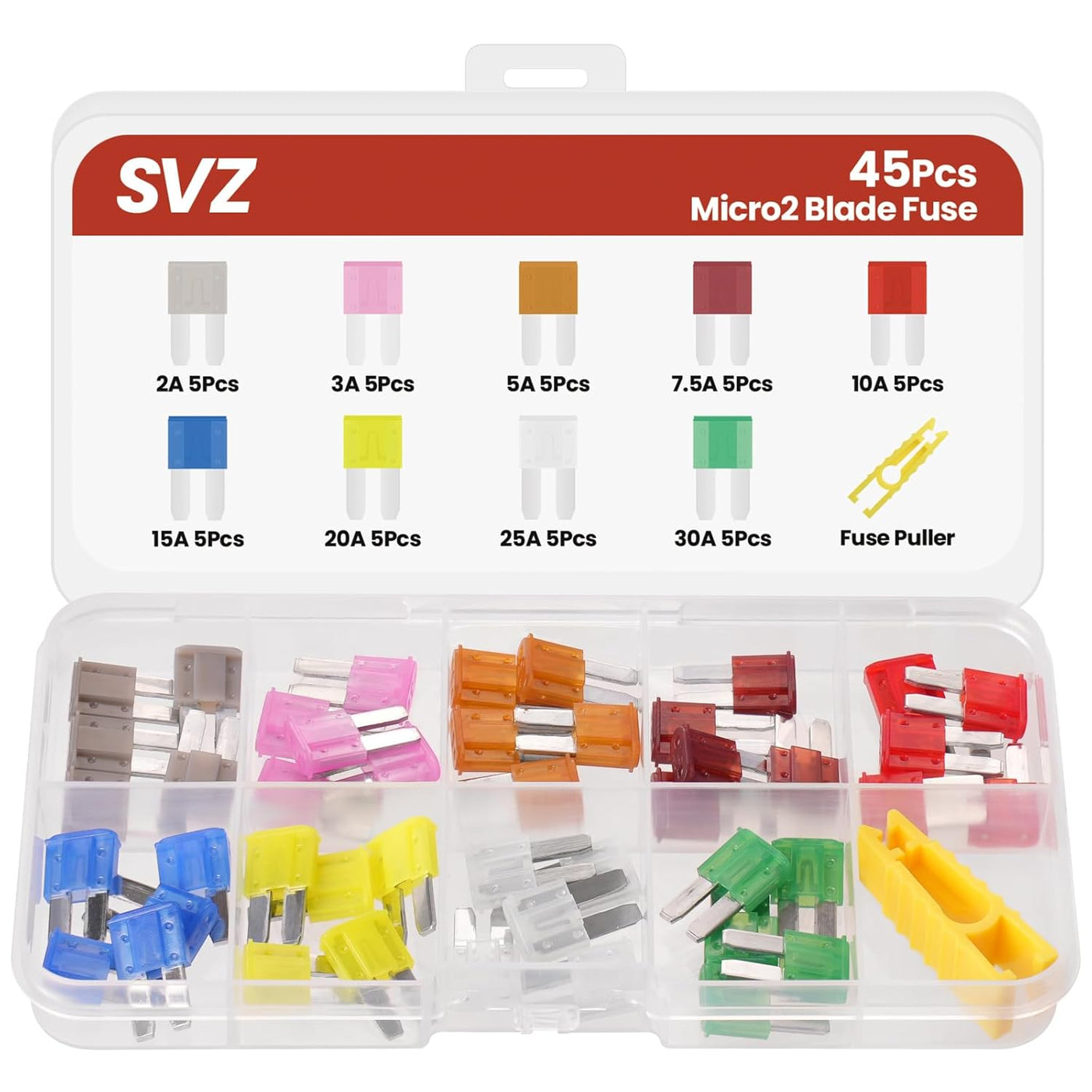 45Pcs Micro2 Car Fuse Kit, Automotive Fuses Assortment kit(2A/3A/5A/7.5A/10A/15A/20A/25A/30A), Blade Fuse for Car/RV/Truck/Boat/Marine
