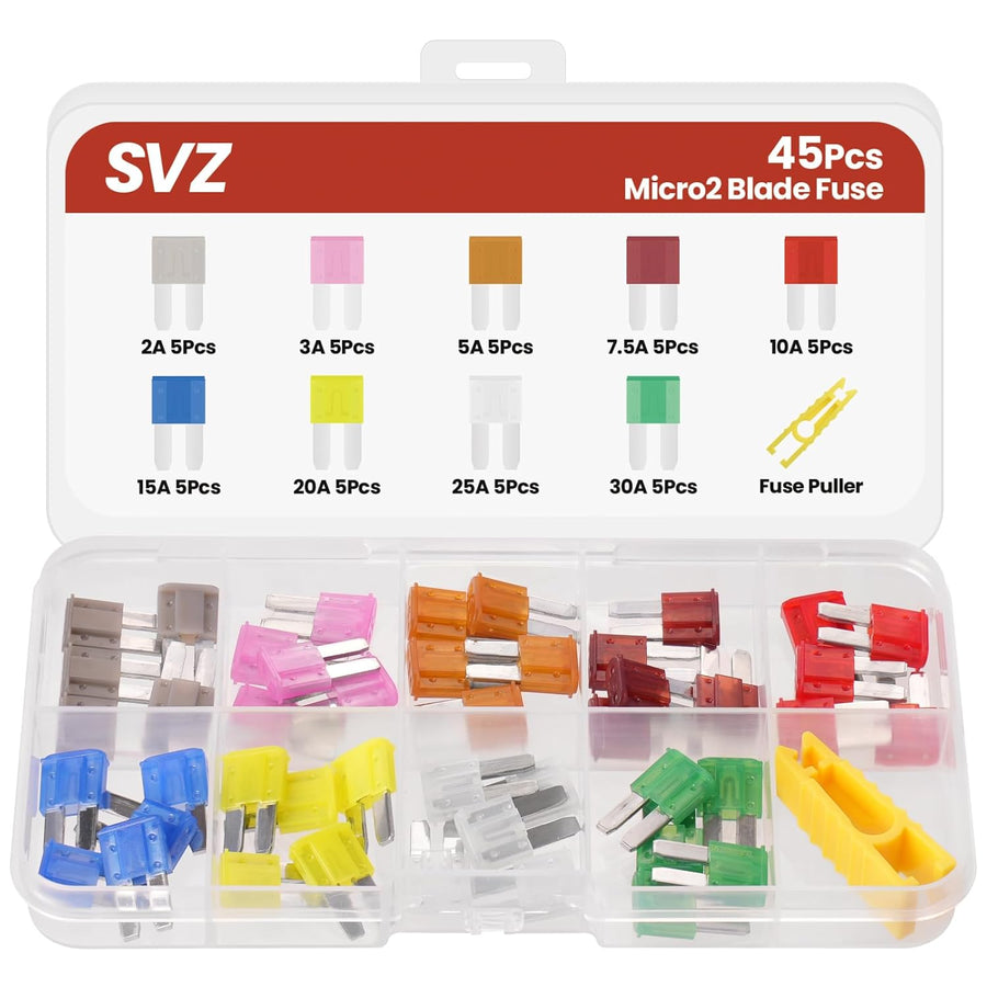 45Pcs Micro2 Car Fuse Kit, Automotive Fuses Assortment kit(2A/3A/5A/7.5A/10A/15A/20A/25A/30A), Blade Fuse for Car/RV/Truck/Boat/Marine