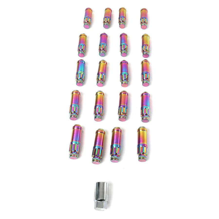 NRG Steel Lug Nuts  Lug Nuts, M12 x 1.5, Spline Drive, Conical Seat, 60 Degree, Neochrome, Locking, Steel, Set of 20